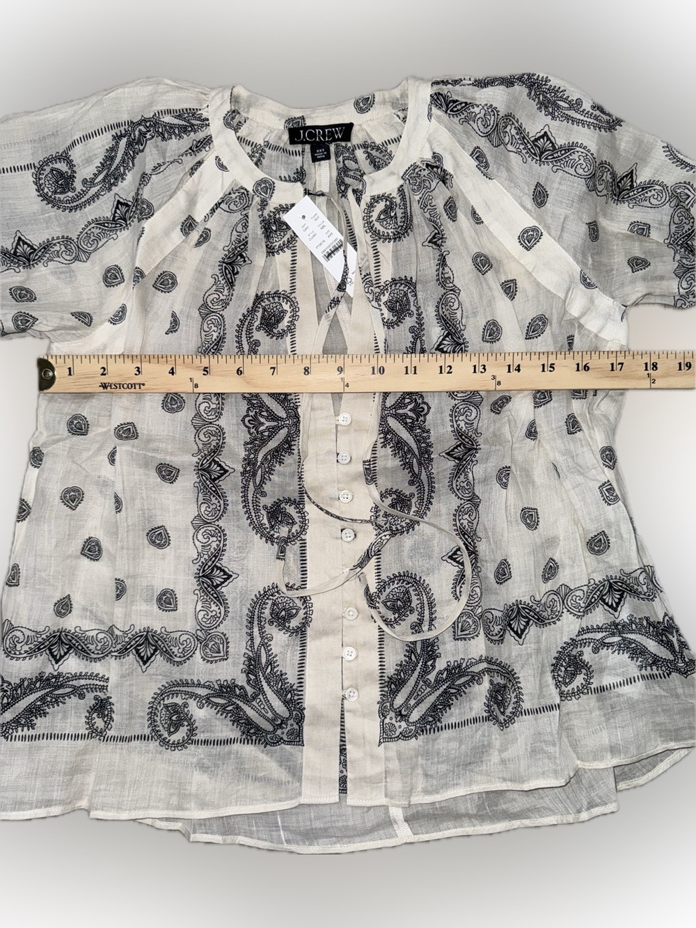J.Crew Popover Boho Top Bandana Print Ramie Natural Black Casual XXS - Picture 5 of 9